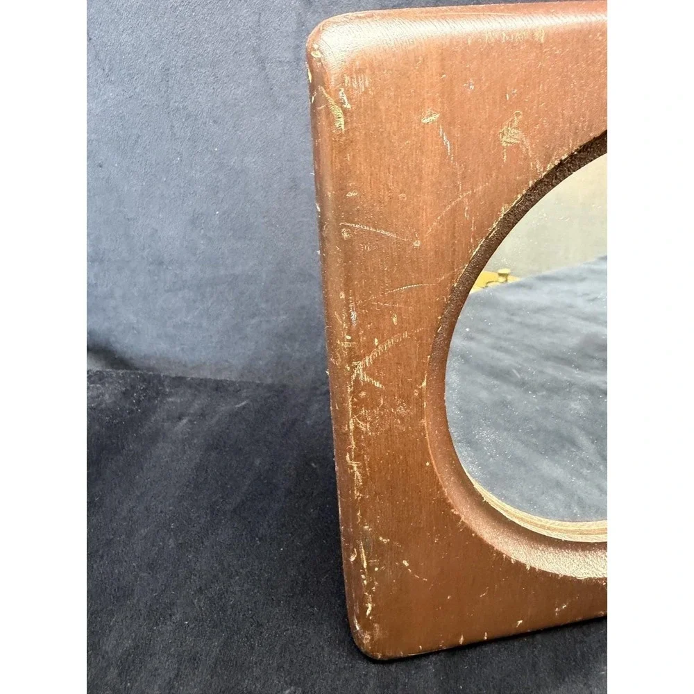 Vintage 70's Square Wooden Mirror Framed Round Mirror Retro 1970s Boho Bedroom